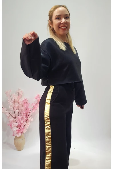 Yeni Sezon Beyaz Varaklı Crop Sweatshirt - Pantolon Eşofman Alt Üst Takım - 6