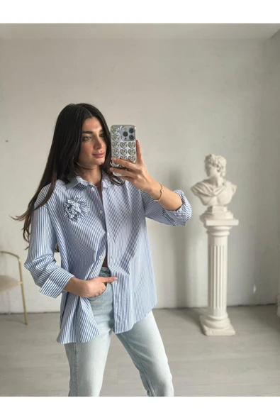 Broş Gül Detaylı Uzun Kollu Çizgili Gömlek - 4