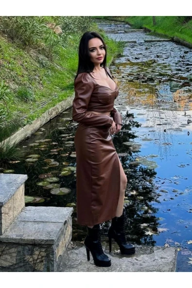 Kahverengi Deri Midi Etek Büstiyer Ceket Takımı - 2