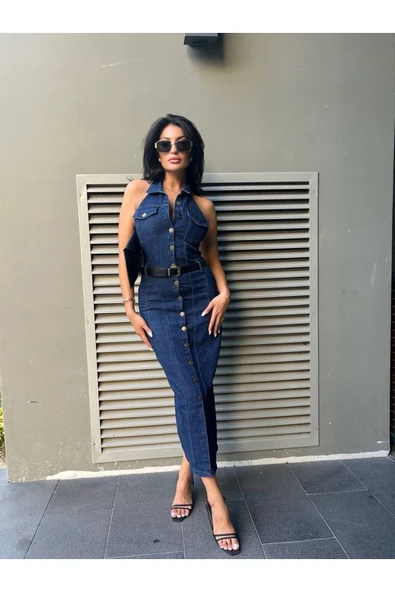 Kemerli Kot Elbise Denim Likralı Sırt Dırapeli - Resim 5