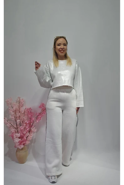 Yeni Sezon Beyaz Varaklı Crop Sweatshirt - Pantolon Eşofman Alt Üst Takım - 1
