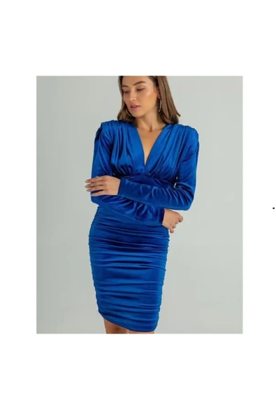 Kadife Kumaş V Yaka Vatkalı Büzgülü Mavi Mini Elbise Yılbaşı Elbisesi - 2