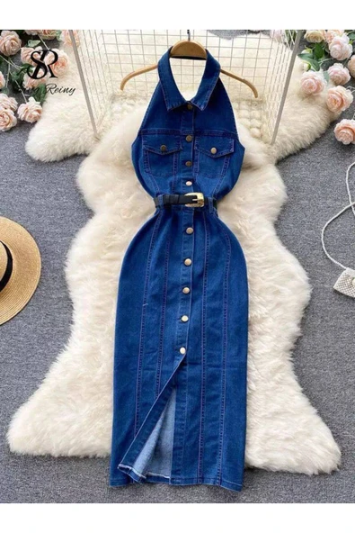 Kemerli Kot Elbise Denim Likralı Sırt Dırapeli - Resim 2