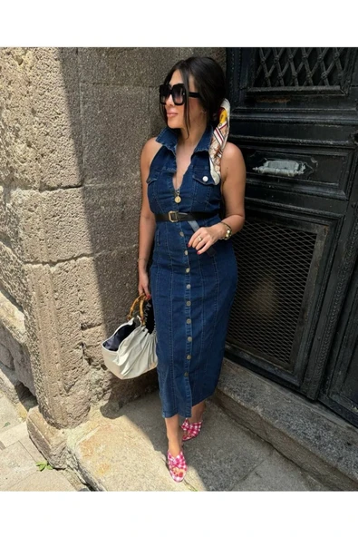 Kemerli Kot Elbise Denim Likralı Sırt Dırapeli - Resim 7