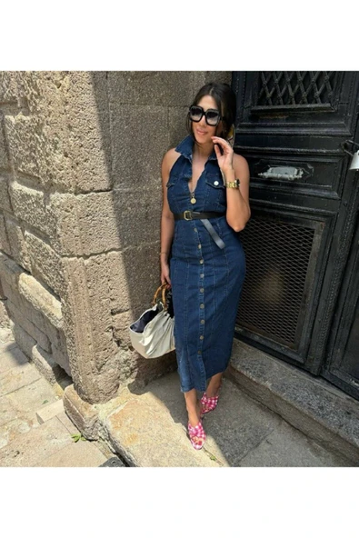 Kemerli Kot Elbise Denim Likralı Sırt Dırapeli - Resim 9