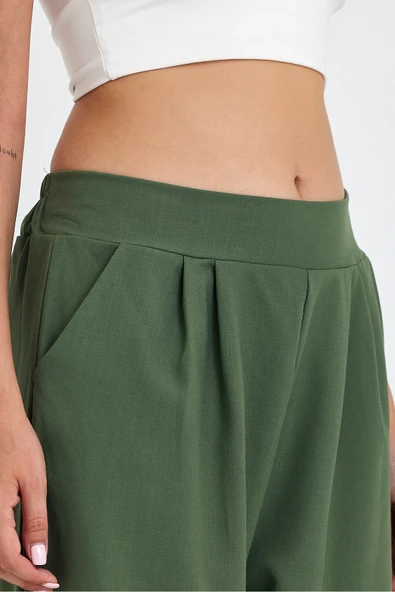 Yüksek Bel Beli Lastikli Likralı Keten Haki Yeşil Renk Kadın Şalvar Pantolon - 11