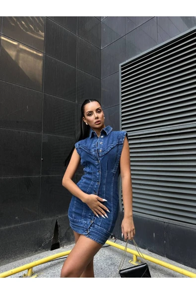 Kemerli Kot Elbise Denim Likralı Sırt Dırapeli - Resim 10