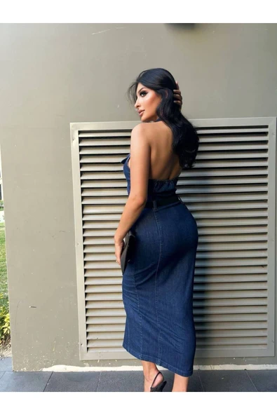 Kemerli Kot Elbise Denim Likralı Sırt Dırapeli - Resim 3