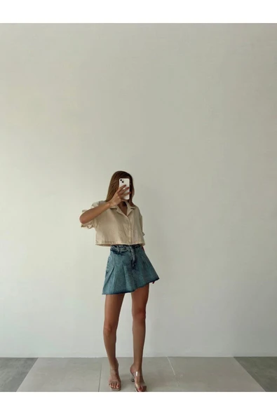 Kadın Mavi Renk Şort Etek Denim Etek Mini Etek Kot Etek - 2
