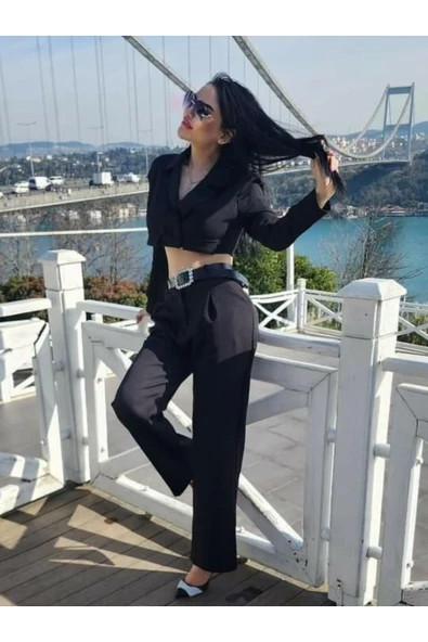 Siyah Crop Ceket Pantolon Takımı - 3