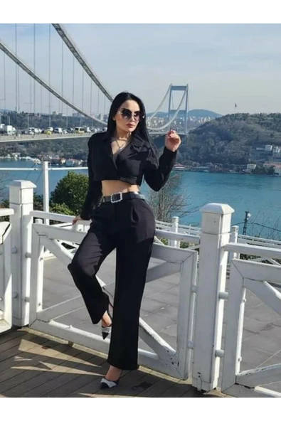 Siyah Crop Ceket Pantolon Takımı - 2