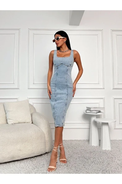 Yırtmaçlı Sırt Fermuarlı Midi Mavi Denim Elbise Kot Elbise Denim Dress - Resim 9