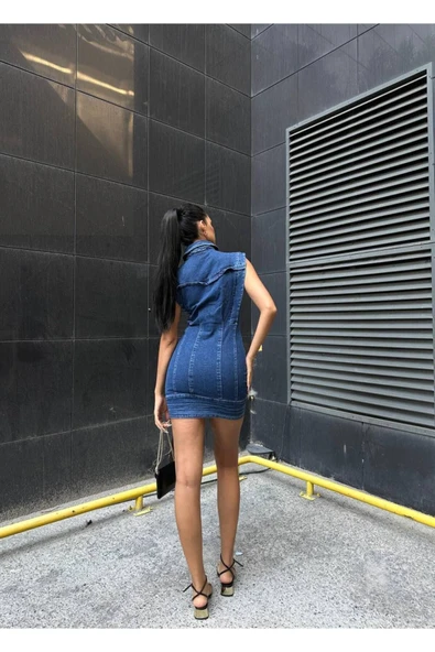 Kemerli Kot Elbise Denim Likralı Sırt Dırapeli - Resim 8