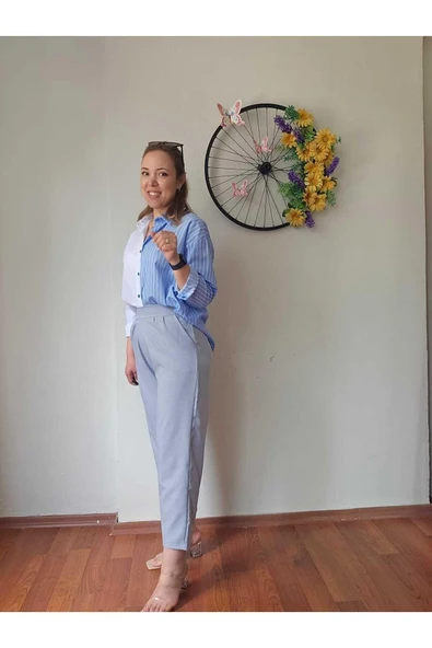Yüksek Bel Beli Lastikli Likralı Keten Haki Yeşil Renk Kadın Şalvar Pantolon - 12