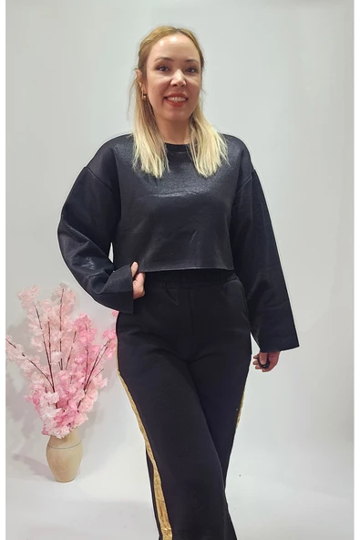 Yeni Sezon Beyaz Varaklı Crop Sweatshirt - Pantolon Eşofman Alt Üst Takım - 8