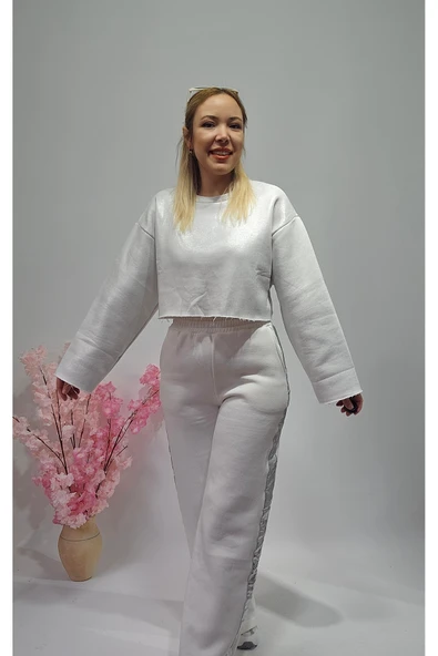Yeni Sezon Beyaz Varaklı Crop Sweatshirt - Pantolon Eşofman Alt Üst Takım - 5
