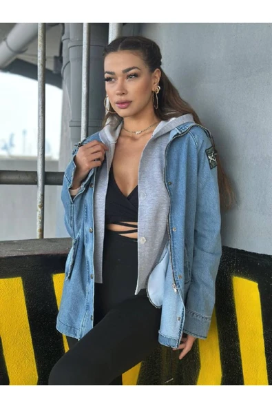 Penye Kapişonlu Yelek Kot Ceket Takımı Kol Arma Detay ürün görseli