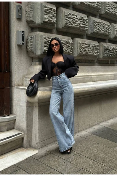 Pinterest Tasarım Taş Detay Tasarım Wide Leg Kot Pantolon Geniş Paça - Resim 4