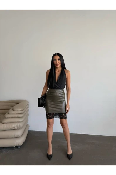 Tasarım İthal Deri Etek Ucu Fransız Dantel Detay Etek Dantelli Deri Mini Etek - Resim 11