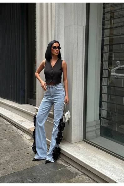 Pinterest Tasarım Gül Detaylı Palazzo Kot Pantolon İthal Kumaş - Resim 4