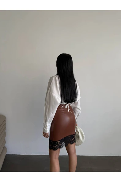 Tasarım İthal Deri Etek Ucu Fransız Dantel Detay Etek Dantelli Deri Mini Etek - Resim 6