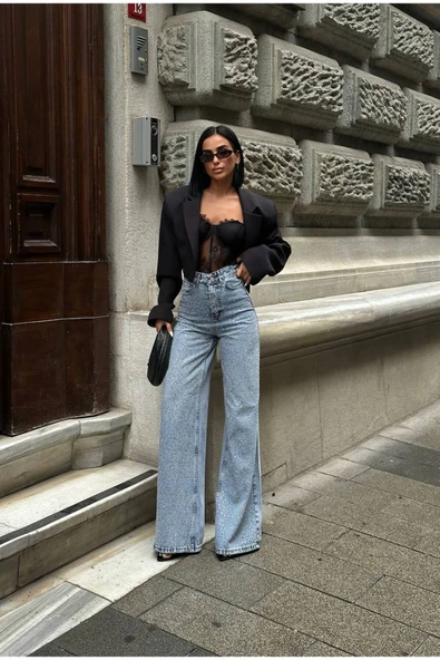 Pinterest Tasarım Taş Detay Tasarım Wide Leg Kot Pantolon Geniş Paça - Resim 3