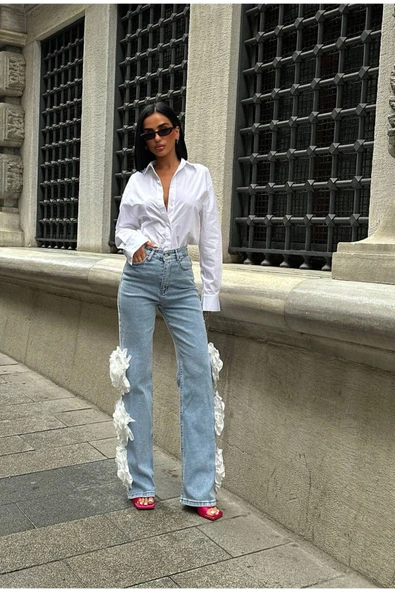 Pinterest Tasarım Gül Detaylı Palazzo Kot Pantolon İthal Kumaş - Resim 7