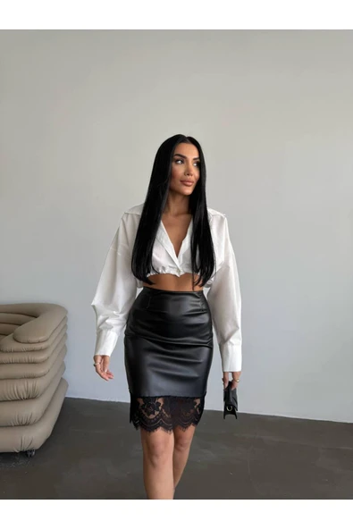 Tasarım İthal Deri Etek Ucu Fransız Dantel Detay Etek Dantelli Deri Mini Etek - Resim 9