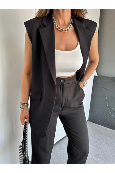 Zr Model Marka Vatkalı Yelek Pantolon Takım - Havuç Pantolon Uzun Yelek Düz Renk Takım - Resim 6