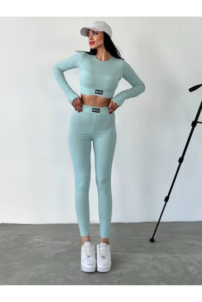 Uzun Kollu Parmak Detaylı Crop Ve Tayt Takım Sporcu Tayt Takım - 1