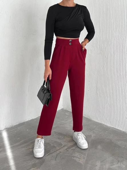 örme krep pantolon çift düğmeli - Resim 6