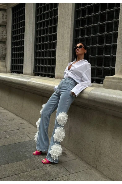 Pinterest Tasarım Gül Detaylı Palazzo Kot Pantolon İthal Kumaş - 3