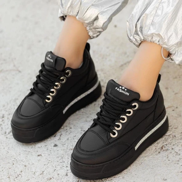 Lulu Siyah Cilt Bağcıklı Spor Ayakkabı - Resim 4