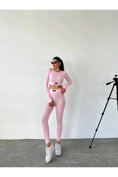 Uzun Kollu Parmak Detaylı Crop Ve Tayt Takım Sporcu Tayt Takım - Resim 4