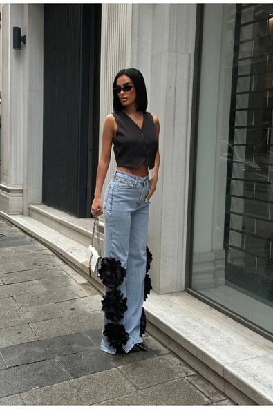 Pinterest Tasarım Gül Detaylı Palazzo Kot Pantolon İthal Kumaş - Resim 6