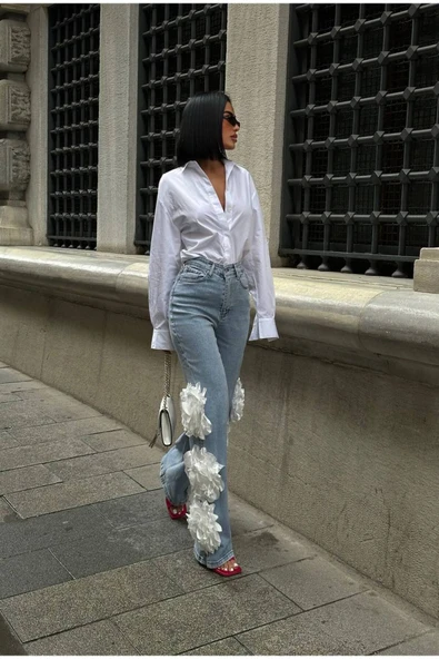 Pinterest Tasarım Gül Detaylı Palazzo Kot Pantolon İthal Kumaş - 5