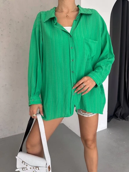 Ağaç kabuğu oversize arkası pileli gömlek - Resim 2