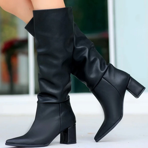 Roksa Siyah Cilt Topuklu Çizme - Resim 5