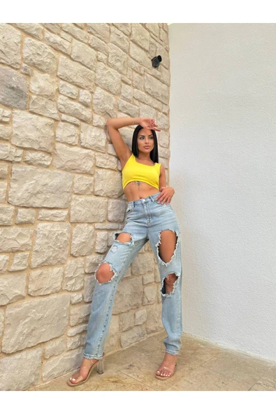 Yırtık Eskitilmiş Detaylı Dar Paça Kot Pantolon - Resim 4