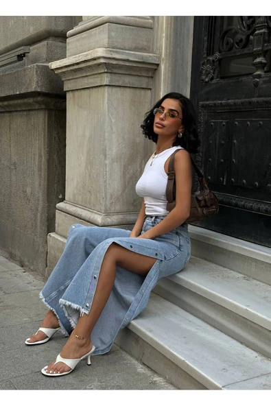 Pinterest Tasarım Yanı Çıt Çıt Detaylı Bol Paça Kot Pantolon ürün görseli