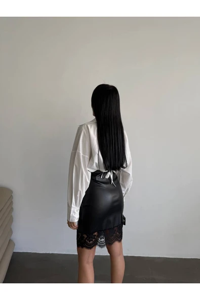 Tasarım İthal Deri Etek Ucu Fransız Dantel Detay Etek Dantelli Deri Mini Etek - Resim 5