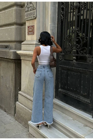 Pinterest Tasarım Yanı Çıt Çıt Detaylı Bol Paça Kot Pantolon - 2