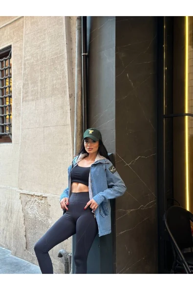 Penye Kapişonlu Yelek Kot Ceket Takımı Kol Arma Detay - Resim 4