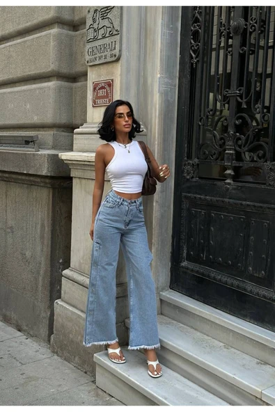 Pinterest Tasarım Yanı Çıt Çıt Detaylı Bol Paça Kot Pantolon - 3