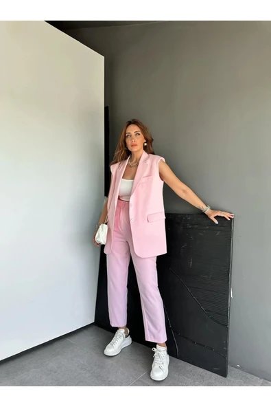 Zr Model Marka Vatkalı Yelek Pantolon Takım - Havuç Pantolon Uzun Yelek Düz Renk Takım - Resim 9