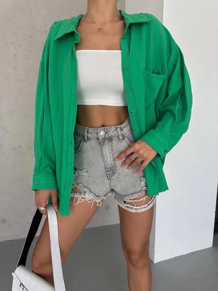 Ağaç kabuğu oversize arkası pileli gömlek - Resim 3