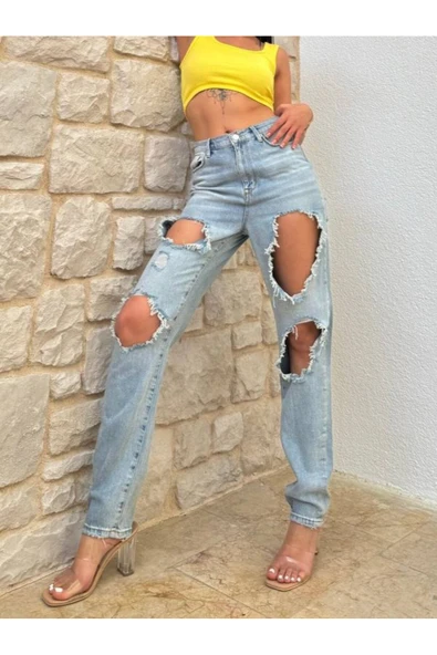 Yırtık Eskitilmiş Detaylı Dar Paça Kot Pantolon - 1