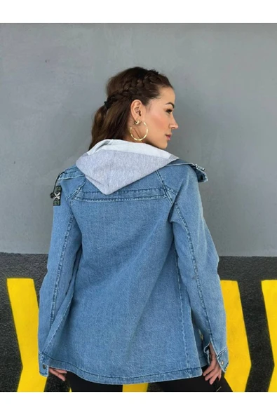 Penye Kapişonlu Yelek Kot Ceket Takımı Kol Arma Detay - Resim 2