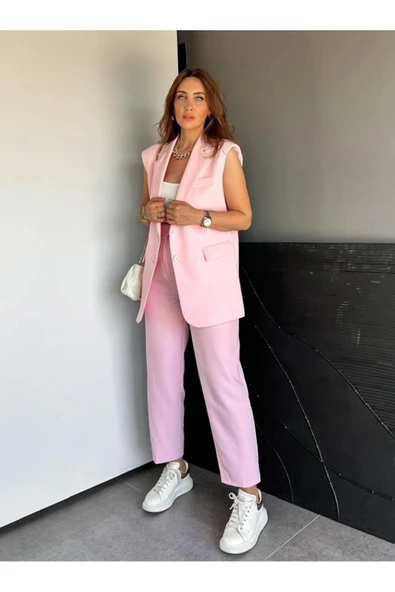 Zr Model Marka Vatkalı Yelek Pantolon Takım - Havuç Pantolon Uzun Yelek Düz Renk Takım - Resim 5