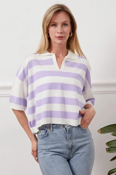 Gömlek yaka çizgili triko tişört - 2